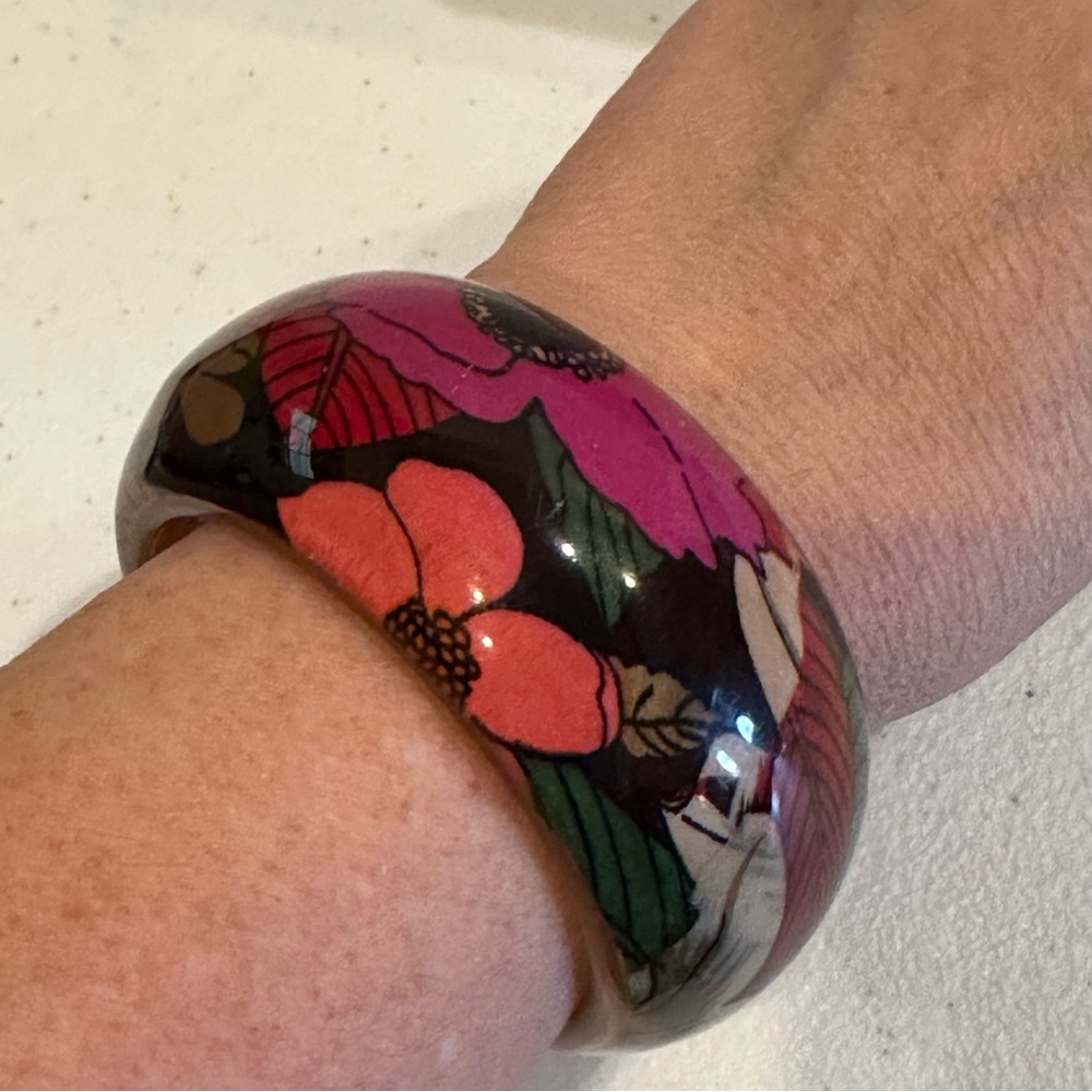 Chunky Floral Lucite Bangle Bracelet - Wide, Boho- Brown w/ pinks, tan, green